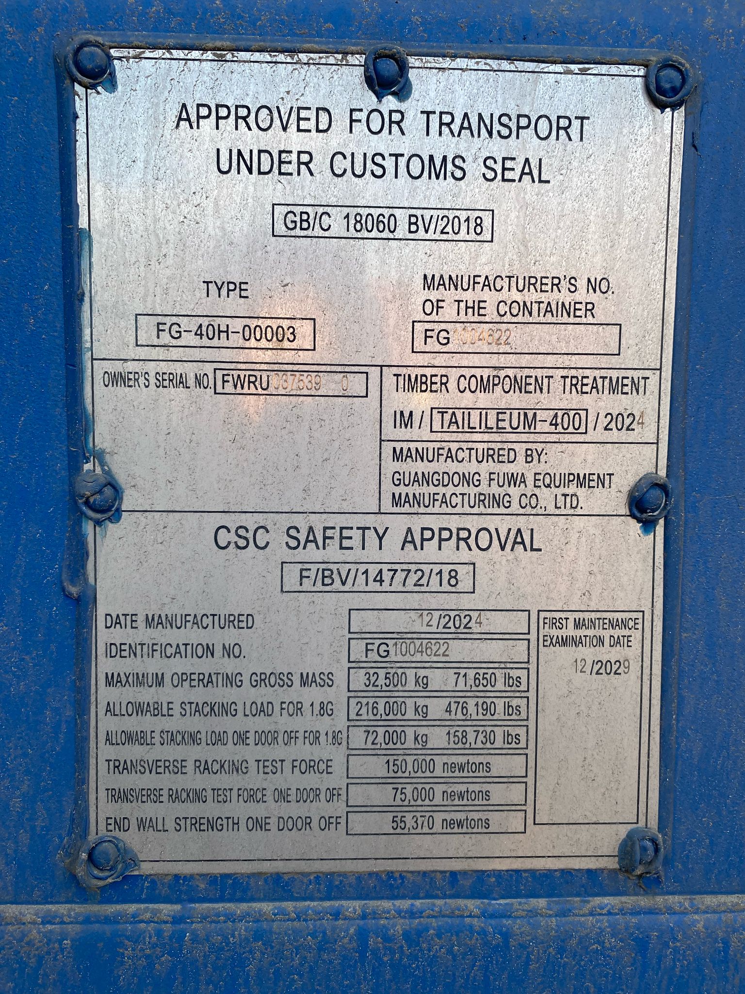 12m (40'HC) Kontener Morski FWRU0375390 - obrazek 3