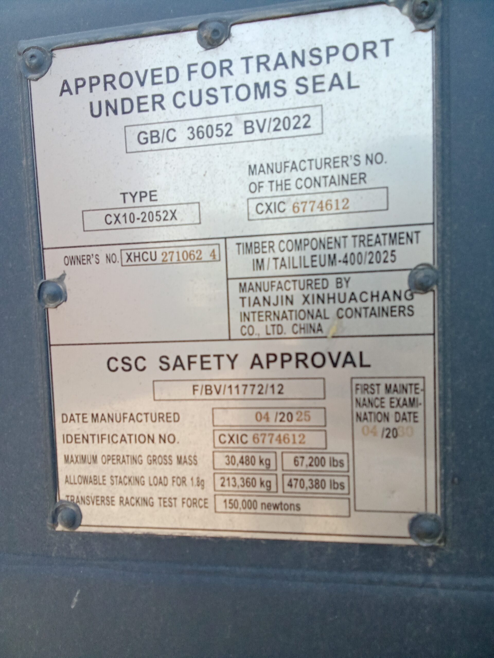 6m (20'DC) Kontener Morski XHCU2710624 - obrazek 3